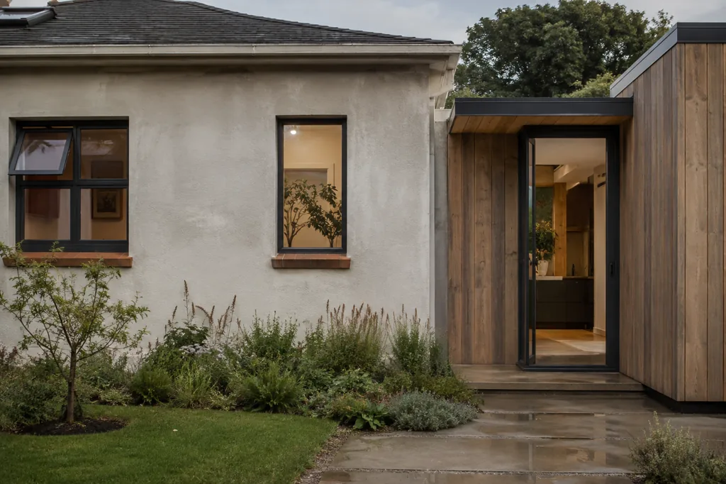 A carefully joined older home and compact timber-clad extension after rain